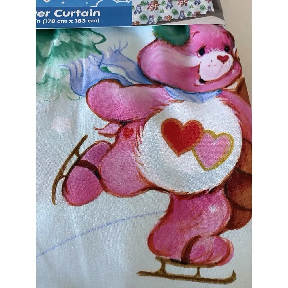 Care Bears Christmas Holiday Fabric Shower Curtain 70 X 72” Ice Skating Snow NEW